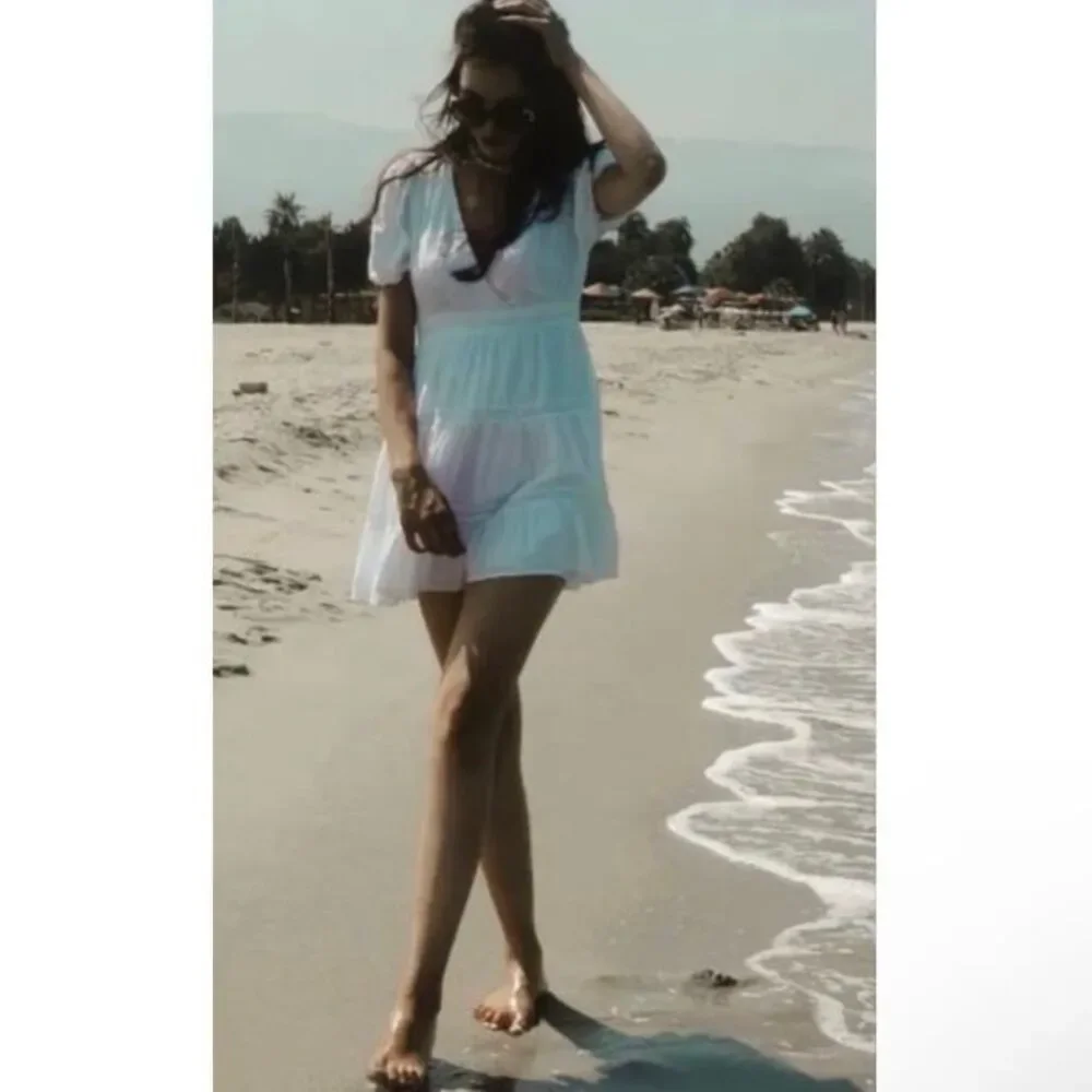 NWT Zara Lace Insert Trim Balloon Sleeve Cotton Tiered Mini Dress in White - Picture 3 of 12